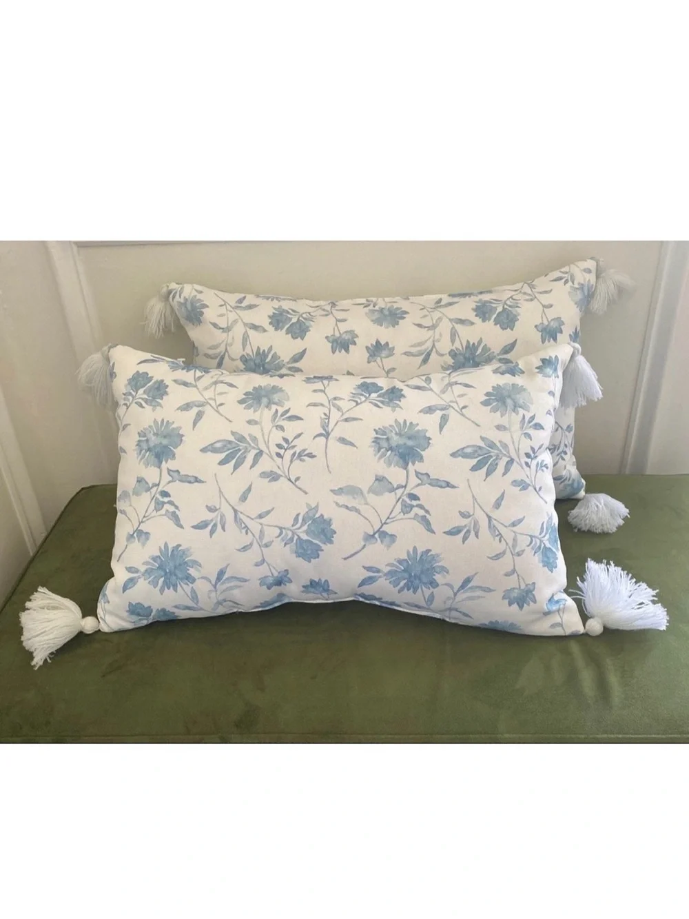 Source Unknown Blue and White Floral Tassel Lumbar Pillow